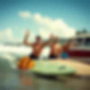 Historical depiction of surfers using the hang loose sign in a vintage surf scene