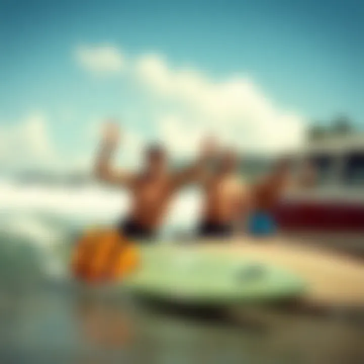 Historical depiction of surfers using the hang loose sign in a vintage surf scene