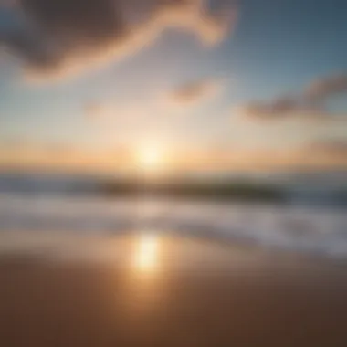 A serene beach at sunrise with gentle waves lapping at the shore.