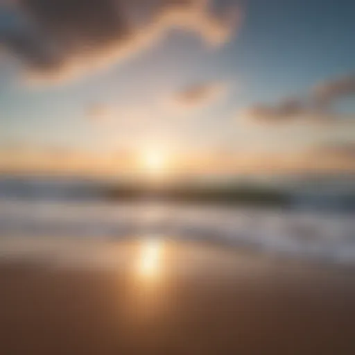 A serene beach at sunrise with gentle waves lapping at the shore.