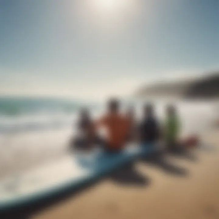 A group of surfers sitting on the beach, listening to the sound of the ocean.