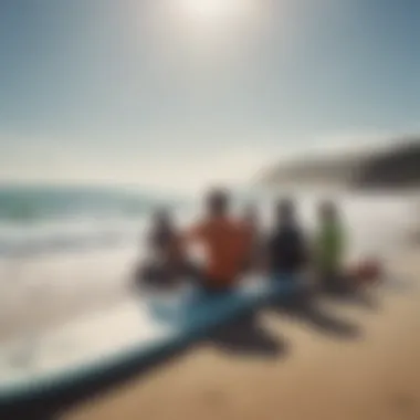 Surfers Enjoying Ocean Sounds A group of surfers sitting on the beach, listening to the sound of the ocean.