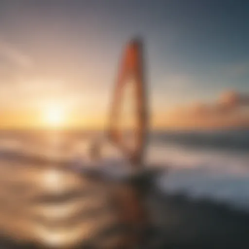 A windsurfer navigating through vibrant waves with a stunning sunset backdrop.