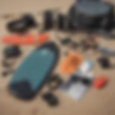 Close-up of specialized surf gear laid out on the beach