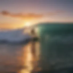 Surfer riding a perfect wave at sunset