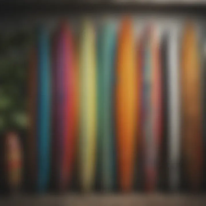 A vibrant surfboard wall featuring a variety of colors and designs