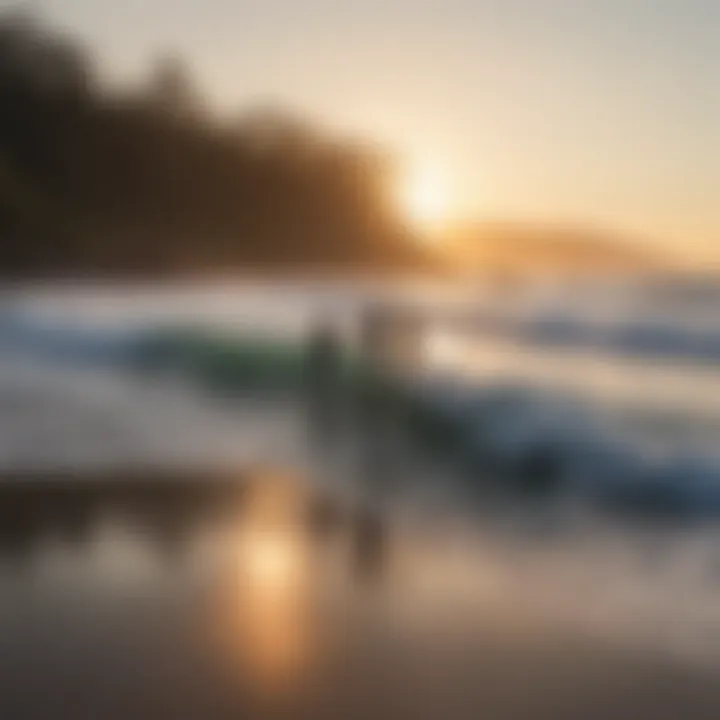 A serene Tofino beach at sunrise with surfers catching waves