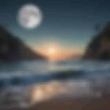 Full Moon's Influence on Ocean Tides A serene beach scene illuminated by a full moon, highlighting the connection between lunar phases and ocean tides.