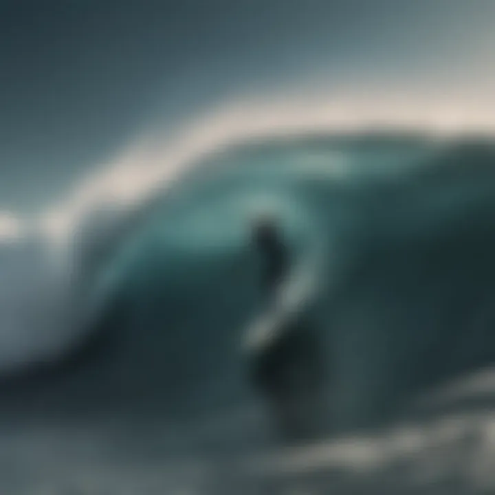 A surfer riding a wave during a new moon phase, capturing the contrast between darkness and the ocean's energy.