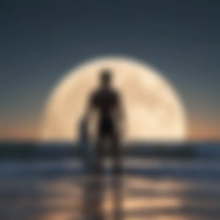 A surfer contemplating the ocean at dusk, reflecting on the relationship between lunar cycles and surfing prowess.