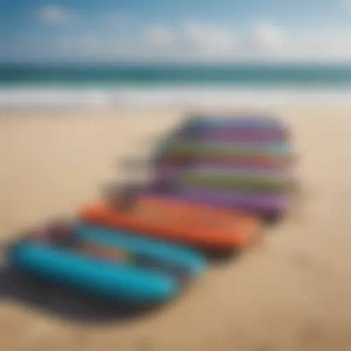 Dynamic display of colorful discount boogie boards lined up on the beach