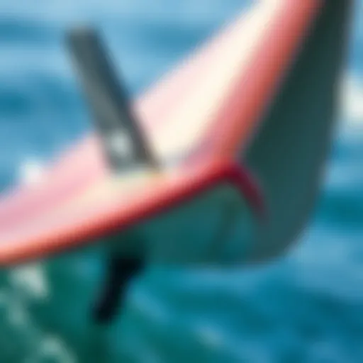 A close-up view of a hydrofoil surfboard showcasing its unique structure