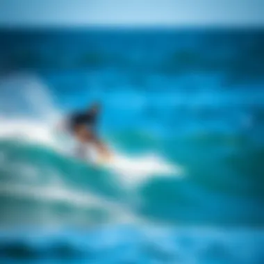 A scenic image of a surfer riding a hydrofoil surfboard on a wave