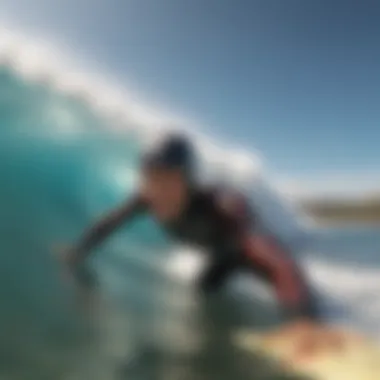 Surfing with a Nose Protector Surfboard in use with nose protector during a wave ride