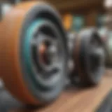 Close-up of longboard wheels showcasing different durometers