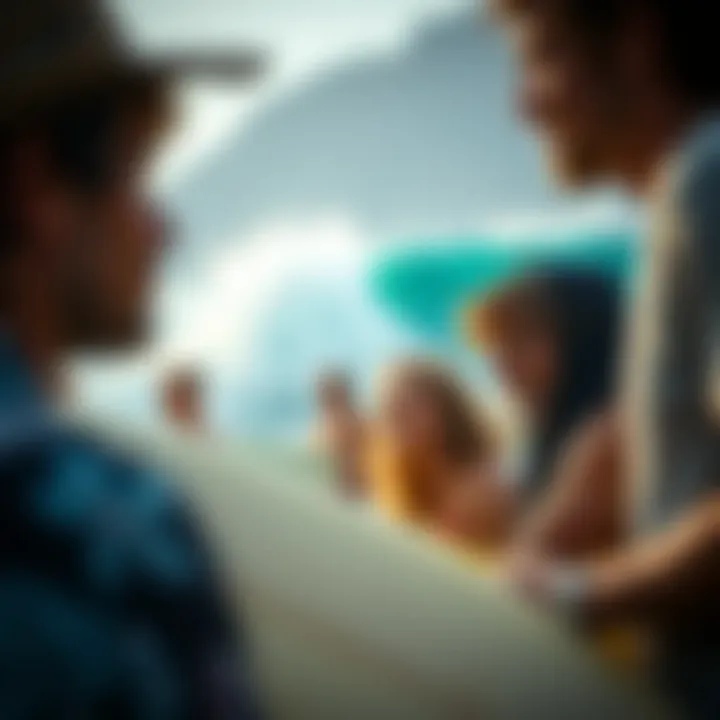 Community gathering of surfers sharing experiences at Pipeline