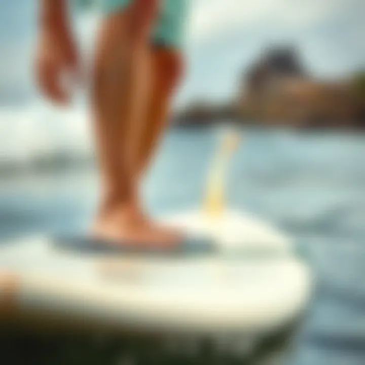 Surfer demonstrating foot placement on a board with traction pad