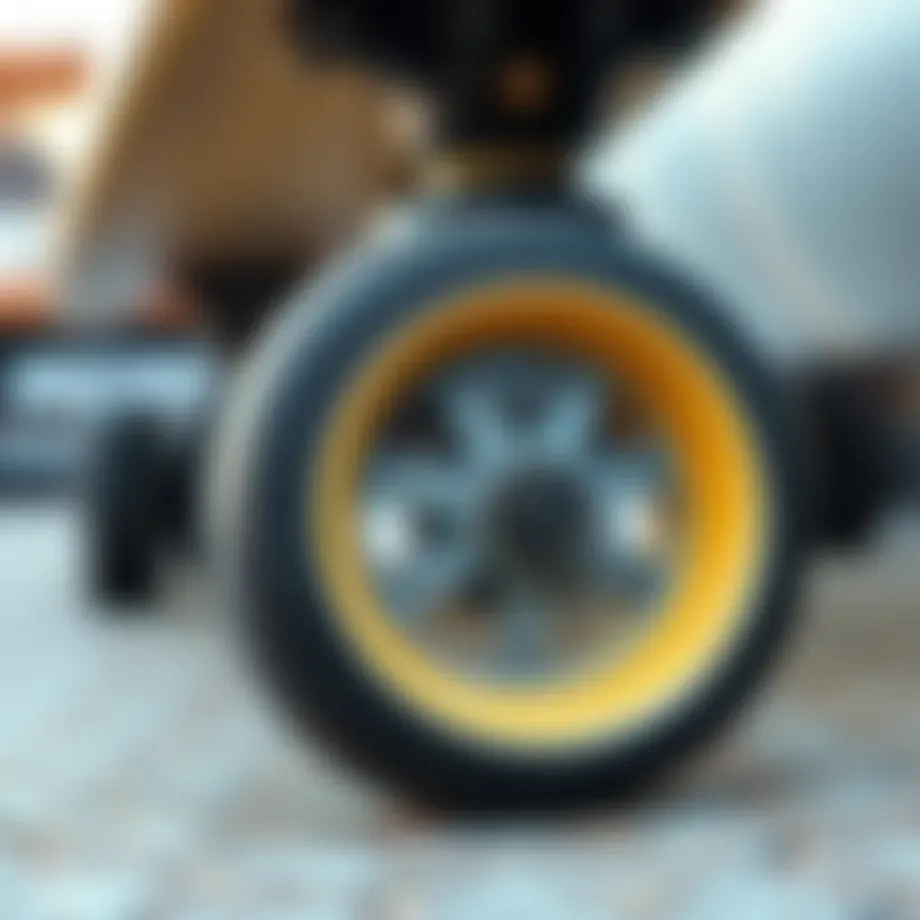 A close-up view of longboard wheels showcasing different materials and designs