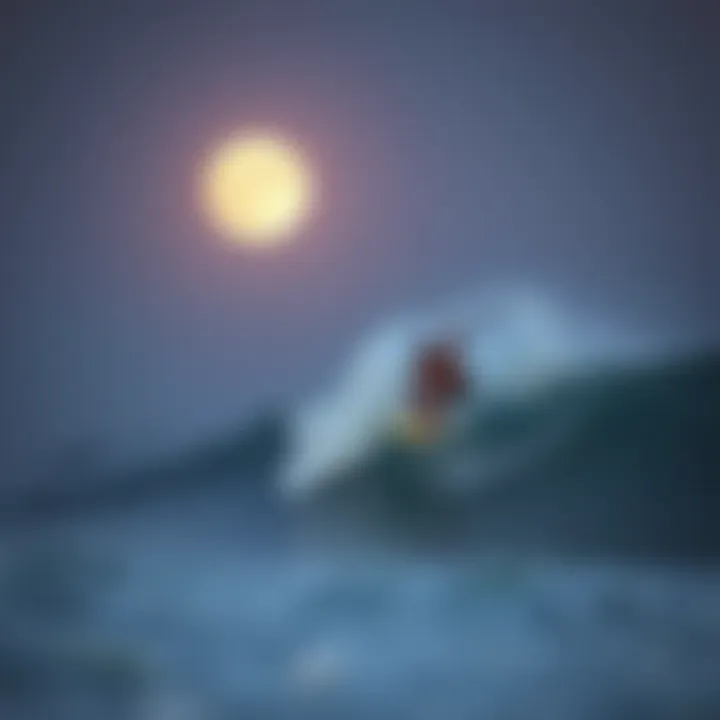 A surfer catching a wave under a full moon