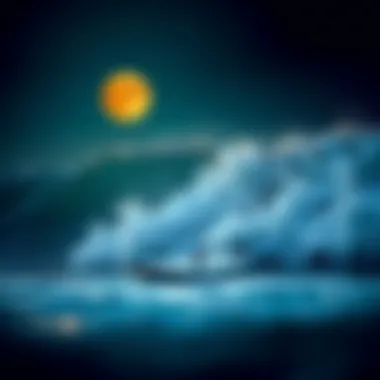 Tidal waves crashing on a surfboard as the moon rises