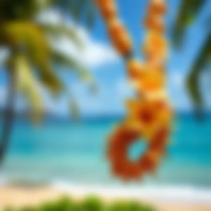 Intricately Crafted Lei in Hawaiian Scenery An intricately crafted lei displayed against a backdrop of Hawaiian scenery.