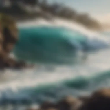 A scenic coastline with surfers in the water