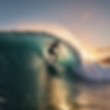 A surfer riding a large wave at sunset