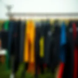 A diverse selection of wetsuits showcased on a rack