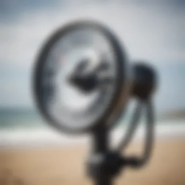 A close-up of an anemometer measuring wind speed at a beach