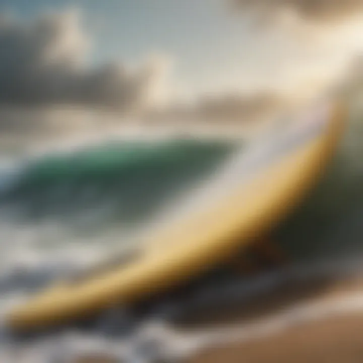 A surfboard perched on the shoreline with turbulent waves in the background