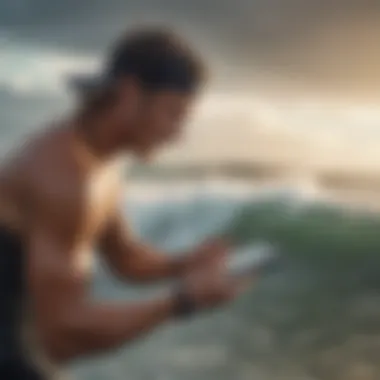 A surfer analyzing weather data on a mobile device before heading into the water