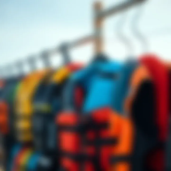 An array of various kite surfing life jackets displayed for selection, highlighting different styles and sizes.