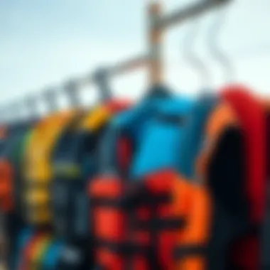 Choosing the Right Life Jacket for Kite Surfing An array of various kite surfing life jackets displayed for selection, highlighting different styles and sizes.