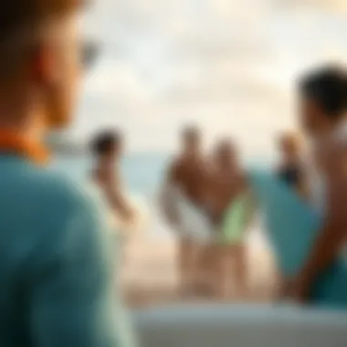 A group of surfers engaging in a friendly discussion on the beach