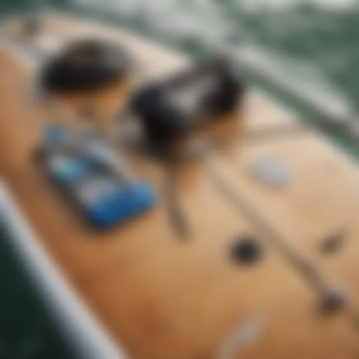 Close-up of wakesurfing equipment including a board and rope