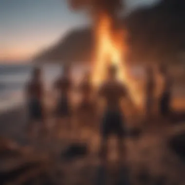 Camaraderie Around the Bonfire Surfers gathering around a bonfire sharing stories and laughter.