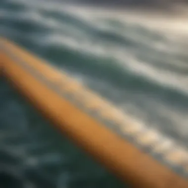 A close-up view of a surfboard with weather data overlay