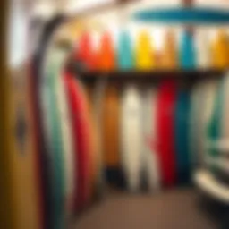 A vibrant surfboard rental shop showcasing a variety of surfboards